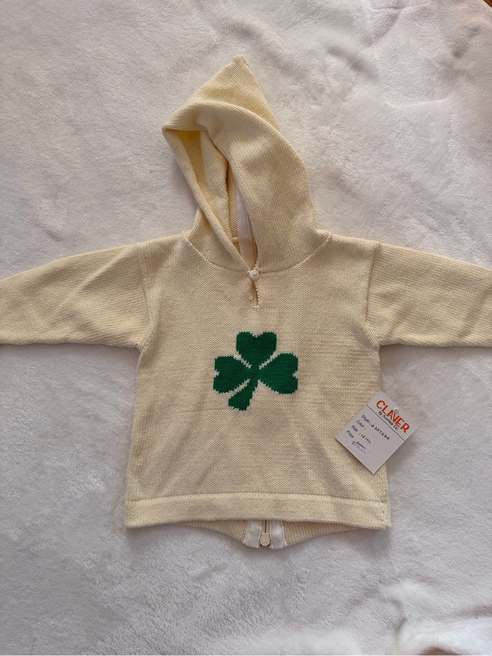 Claver Cream Knit Hoodie with Green Clover Graphic